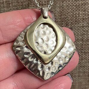 Silver tone Hammered Pendant with Gold Front Pendant on Silver tone Chain